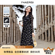 娜爾思（NAERSI）【多元通勤】新款中長款V領(lǐng)圓點(diǎn)A字裙中長款連衣裙 黑色 L