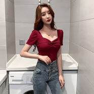 衣若彩美女主播露溝衣服夏季性感露鎖骨方領上衣女法式小心機設計感顯胸 酒紅色 S