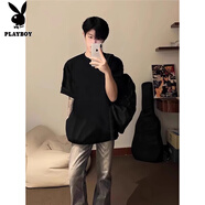 花花公子（PLAYBOY）酒紅色220g重磅短袖男夏季美式高街純棉t恤感痞帥正肩五分袖 黑色【純色款】 (重磅精梳棉） M 95-120斤