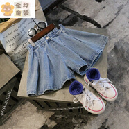 邦伊芙兒童牛仔短褲夏季女童破洞短褲中大童女寶寶潮褲女學生寬松牛仔褲 藍色百褶褲裙 百褶褲裙 150