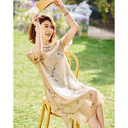 帕絲特新中式國風(fēng)盤(pán)扣復古立領(lǐng)開(kāi)叉旗袍裙優(yōu)雅雪紡連衣裙 黃色 4XL