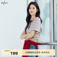 伊芙麗（eifini）伊芙麗2025夏裝新款撞色領(lǐng)彩色條紋T恤女圓領(lǐng)短袖百搭打底衫 紅色 預售 S