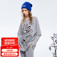 URLAZH新款復(fù)古灰色減齡圓領(lǐng)休閑寬松假兩件長袖T恤LM1SY02 中灰 M