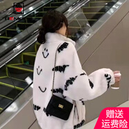 AEMAPE外套女2025春秋冬季新款羊剪絨韓版寬松加棉羊羔毛短外套女上衣 白色笑臉 M _85-110
