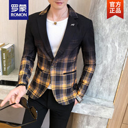 羅蒙（ROMON）2024秋季時(shí)尚撞色格紋西服拼接小西裝男士休閑百搭帥氣個(gè)性小西服 黃色 M