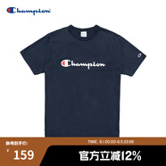 Champion夏季經(jīng)典款印花草寫LOGO圓領休閑運動T恤無性別冠軍短袖男女情侶 藏青色(偏?。?M