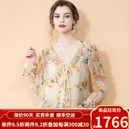 歐迪鳥（ODYBIRD）真絲上衣春夏2025新款度假風(fēng)荷葉邊減齡法式襯衫桑蠶絲碎花襯衣 杏色 S [適合<105]斤