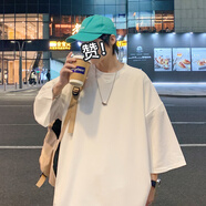 麥潮尚夏季基礎(chǔ)色簡約風(fēng)七分袖T恤男oversize國潮胖子寬松短袖體恤 純色-白色 M