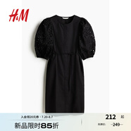 H&M女裝連衣裙2025夏季新款泡泡袖鏤空刺繡圓領(lǐng)束腰及膝裙1275625 黑色 XS 155/80