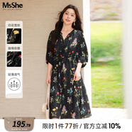 MsShe雪紡收腰碎花連衣裙大碼女裝2025夏裝胖mm巨顯瘦連衣裙子 【七分袖】雪紡連衣裙-黑色現貨 4XL