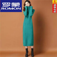 羅蒙（ROMON）長款毛衣裙過膝2024秋冬季新款高領(lǐng)大碼女裝羊毛針織連衣裙氣質(zhì) 孔雀藍(lán) M (建議90-105斤)