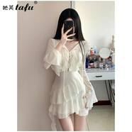 她芙（tafu）品牌女裝法式連衣裙女2025春秋新款氣質(zhì)顯瘦小個(gè)子荷葉邊吊帶套裙 白色 S
