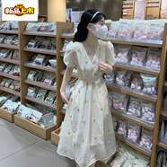 初徑夏季女連衣裙外穿時(shí)尚新款氣質(zhì)夏季裙子寬松大碼中長(zhǎng)款碎花連衣裙 米白色連衣裙【刺繡】 S 【建議80-100斤】