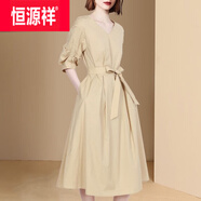 恒源祥今年新款連衣裙女歐版法式綁帶V領(lǐng)高級(jí)感時(shí)尚五分袖女士連衣裙 杏色 (少量現(xiàn)貨) XL 【建議115-130斤】