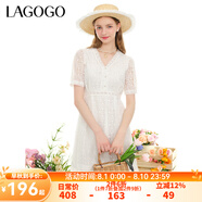 lagogo白色初戀感蕾絲連衣裙女拉谷谷夏季新款泡泡袖V領(lǐng)收腰裙子 本白色(V1) L