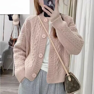 恒源祥羊·毛麻花毛衣外套女秋冬季2023新款女裝減齡百搭洋上衣針織開衫 粉紅色 加厚 L 建議100-110斤