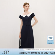 范思藍恩撞色拼接燈籠袖連衣裙女2025夏新款一字襯衫領(lǐng)中長裙2849 藏藍色 L