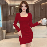 皮爾卡丹（pierre cardin）法式長(cháng)袖性感方領(lǐng)白色連衣裙女感修身顯瘦收腰包臀短裙秋冬裝 酒紅色 S