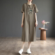 品牌折扣純棉過(guò)膝中長(cháng)款連衣裙短袖口袋文藝清新大碼顯瘦裙子女夏 咖色【Awe字母小花】 XL 建議130-145斤