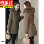恒源祥派克服女款2025年秋冬新款兔毛內(nèi)膽狐貍領(lǐng)連帽中長款外套大衣 卡其色 M 【95斤-110斤】