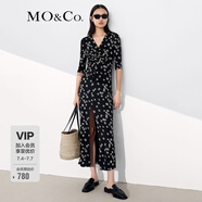 MO&Co.夏季V領(lǐng)開衩立裁印花長裙MBA2DRST29 摩安珂moco 黑底白花色 M