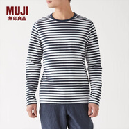 無(wú)印良品 MUJI 男式 印度棉天竺編織 條紋圓領(lǐng)長(zhǎng)袖T恤 M9SB232 深海軍藍(lán)X橫條 XS