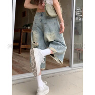 美式破洞毛邊七分牛仔褲女夏季闊腿設計感八分中褲直筒梧桐短褲子 淺色 3XL 【建議146-160斤】