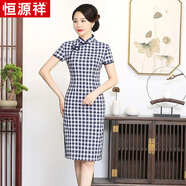 恒源祥中老年夏季短袖中長款中式連衣裙子女新款媽媽裝民族風(fēng)格旗袍裙子 ALB2100藍(lán)格(棉麻) 2XL (110-125斤)
