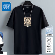 真維斯（Jeanswest）冰絲中袖男2025夏季簡約印花寬松冰感速干短袖T恤男士大碼上衣服 黑色（怪怪龍中標(biāo)） 2XL (185) (體重155-180斤)