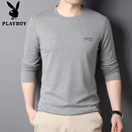 花花公子（PLAYBOY）中年休閑長袖T恤男士春秋純色薄款純棉體恤男衣服長袖t圓領(lǐng)打底衫 R9862淺灰 M 165/105/48100-115斤