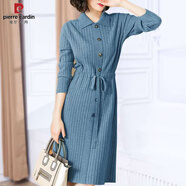 皮爾卡丹（pierre cardin）2025秋裝新款針織連衣裙女中長(cháng)款長(cháng)袖韓版收腰系帶顯瘦紐扣長(cháng)裙子 藍灰色 2XL