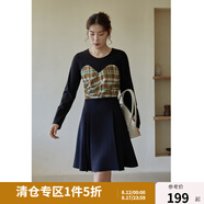 獨(dú)束大碼女裝【小森林格紋系列】拼接連衣裙女秋冬新款胖mm顯瘦絲絨裙 黑拼格紋短款 L