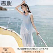 香影藍(lán)色海邊連衣裙女無袖2025夏裝新款不規(guī)則荷葉邊航海系沙灘裙 航線藍(lán) L 165/88A/110-125斤