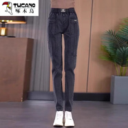 啄木鳥（TUCANO）黑灰色牛仔褲女士2025年春秋季新款松緊高腰加絨秋冬哈倫小腳褲子 黑灰色 2XL 【建議130-140斤】