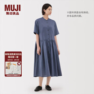 無印良品（MUJI）女式 漢麻 棉 短袖連衣裙 女裝裙子25年夏季寬松透氣長裙BC2MJC5S 煙熏藍色 L （165/88A）
