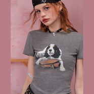 UNIFREE短袖T恤新款正肩狗狗印花短款修身韓版洋氣上衣 花灰色  XL 