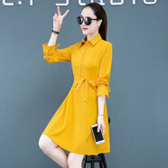 連衣裙女2025春夏新款女裝韓版時(shí)尚修身長(cháng)袖中長(cháng)款氣質(zhì)紅色襯衫裙 黃色 S 【建議80-85斤】