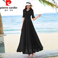 皮爾卡丹（pierre cardin）連衣裙女裝度假純色五分袖新款長(cháng)裙過(guò)膝沙灘裙大碼夏季V領(lǐng)大擺裙 黑色 L 【建議100-110斤