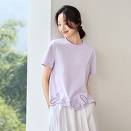 尚都比拉（Sentubila）白色短袖t恤女夏季2025新款鏤空繡花直筒圓領(lǐng)設(shè)計(jì)感上衣 柔紫色 S