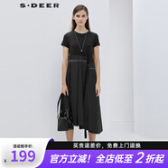 S.DEER圣迪奧年夏季時(shí)尚圓領(lǐng)線(xiàn)跡飄帶不規(guī)則擺短袖連衣裙女S19281210 黑色/91 S 160