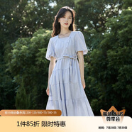 茵曼（INMAN）夏季法式收腰提花肌理女裝方領(lǐng)連衣裙文藝風(fēng)泡泡袖裙子 藍(lán)色 XL