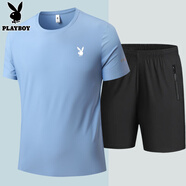 花花公子（PLAYBOY）冰絲短袖短褲休閑運(yùn)動套裝男2025新款速干圓領(lǐng)T恤五分褲 【套裝】湖藍(lán)色 L  90-110斤