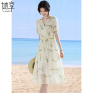 她享新中式國風(fēng)素雅碎花裙子減齡氣質(zhì)百搭收腰顯瘦短袖連衣裙 T52Q093 淺綠色 M