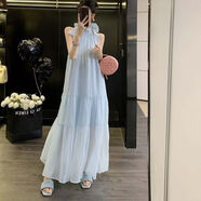VJZE海邊沙灘裙女度假長裙子2025新款連衣裙高級(jí)感白鹿明星掛脖藍(lán)色蝴 天藍(lán)色 S 建議80-95斤