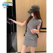 慕瑤雨2025年夏季新款灰色褶皺顯瘦收腰修身短袖氣質(zhì)連衣裙包臀裙子短裙 灰色 S 建議80-90斤