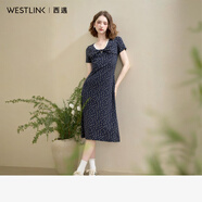 西遇扭結蕾絲花邊V領(lǐng)法式碎花連衣裙女秋新款收腰顯瘦長(cháng)裙 寶藍色 S