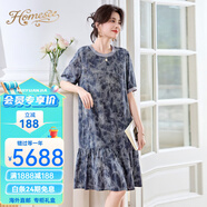 Homesee海外輕奢高端連衣裙真絲女短袖短袖時尚印花歐美寬松桑蠶絲中長裙 黑色 M