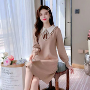 稻草季針織連衣裙女2025秋冬新款氣質裙子淑女娃娃領顯瘦長袖毛衣裙 駝色 S