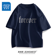 真維斯（Jeanswest）歐美潮牌短袖t恤男夏季純棉衣服大碼森系學生oversize時尚文化衫 藏青色(自由意志) 5XL (體重230-260斤)