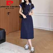 皮爾卡丹（pierre cardin）大碼裙子夏季韓系撞色polo領(lǐng)連衣裙女裝薄款胖mm高腰顯瘦掐腰長(zhǎng)裙 藏青色【獨(dú)特漂亮/今年流行】 2XL 建議136-154斤